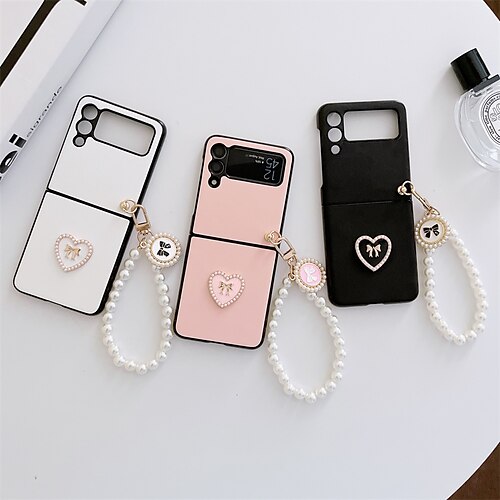 

Phone Case For Samsung Galaxy Flip Z Flip 4 Z Flip 3 Portable Flip with Wrist Strap Butterfly Heart Solid Colored PC Metal PU Leather