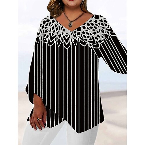 

Women's Plus Size Tops Blouse Shirt Floral Striped Print Long Sleeve V Neck Casual Daily Going out Polyester Fall Spring Black / 3D Print