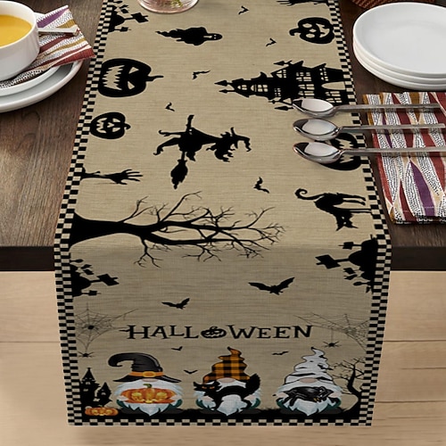 

Halloween Pumpkin Spider Web Castle Table Runner Decoration Cotton Linen Table Runner for Dining Room and Halloween Party