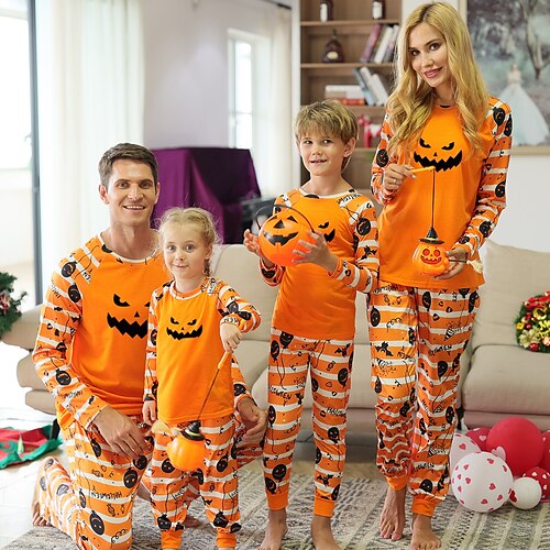 

Family Look Halloween Pajamas Skull Daily Orange Long Sleeve Daily Matching Outfits