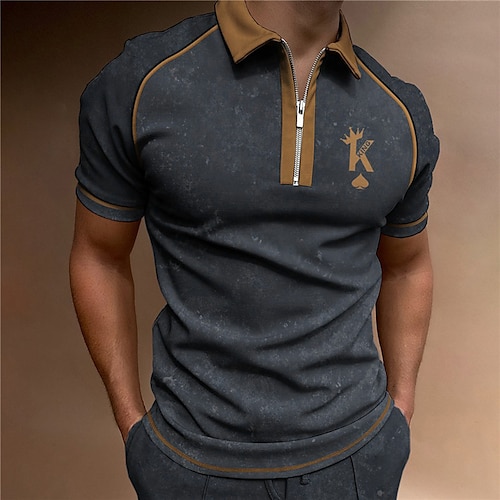 

Men's Collar Polo Shirt Golf Shirt Poker Turndown Navy Blue Gray 3D Print Outdoor Street Short Sleeves Zipper Print Clothing Apparel Fashion Designer Casual Breathable / Summer / Spring / Summer