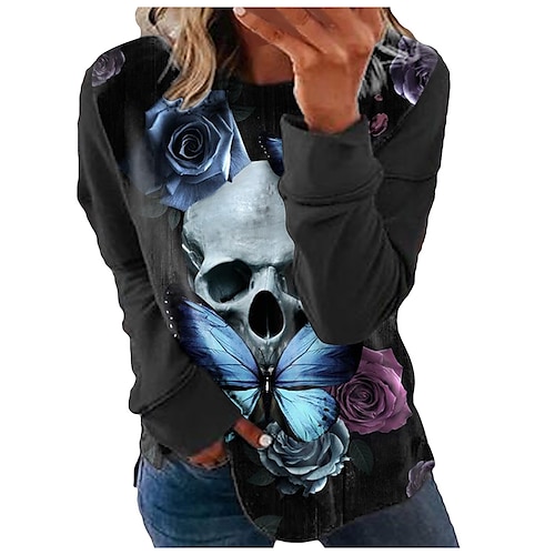 

Women's Sweatshirt Pullover Streetwear Casual Print Wine Red White Red Skull Butterfly Flower Halloween Crew Neck Long Sleeve