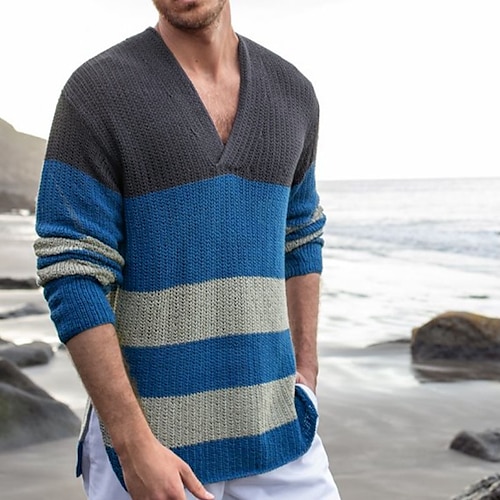 

Herren Pullover Waffel Stricken Cropped Strick Farbblock Tiefes V Basic Stilvoll Outdoor Täglich Bekleidung Winter Herbst Staubiges Blau S M L