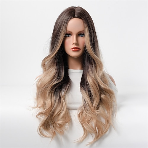 

Mid-part Gradient Highlighting Big Wave Long Curly Hair Matte Temperament Headgear Wig