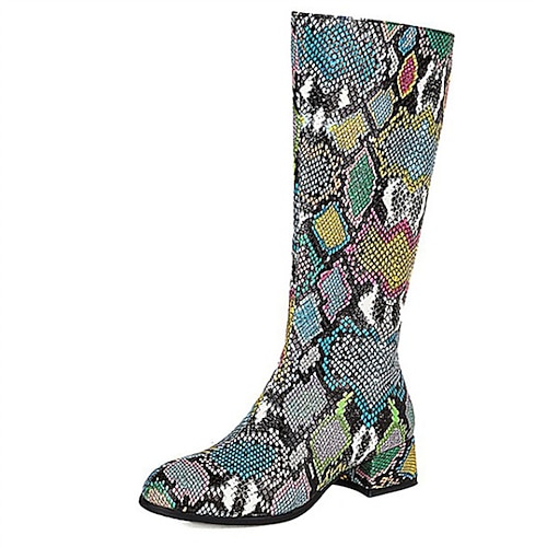 

Women's Boots Daily Mid Calf Boots Winter Chunky Heel Square Toe Minimalism PU Leather Zipper Snake Dark Brown Blue White