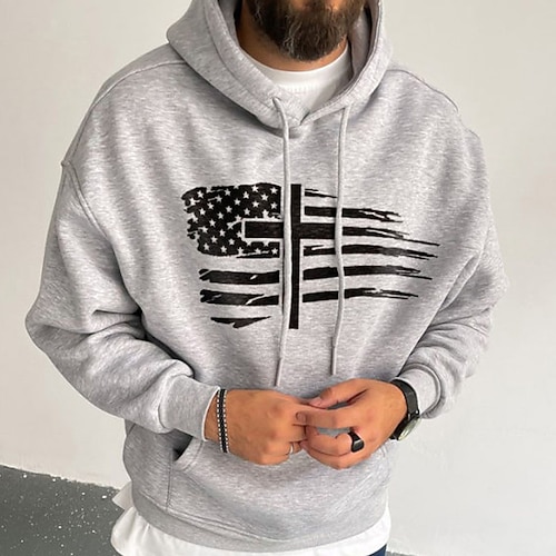 

Men's Pullover Hoodie Sweatshirt Graphic Patterned American Flag Print Sports Outdoor Daily Sports Hot Stamping Designer Basic Hoodies Sweatshirts Gray
