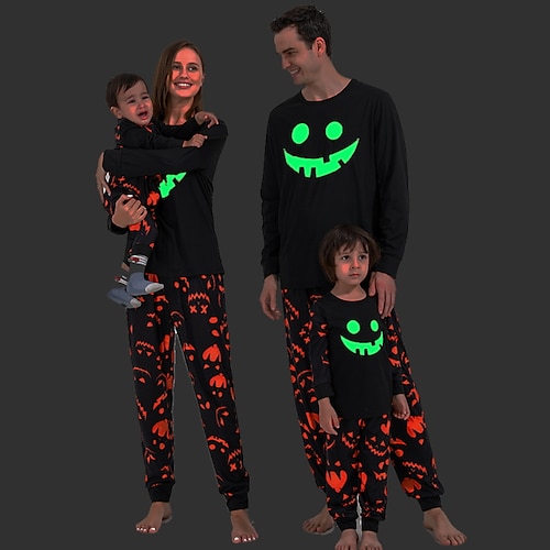 

Family Look Halloween Pajamas Cartoon Halloween pattern Daily Black Long Sleeve Daily Matching Outfits