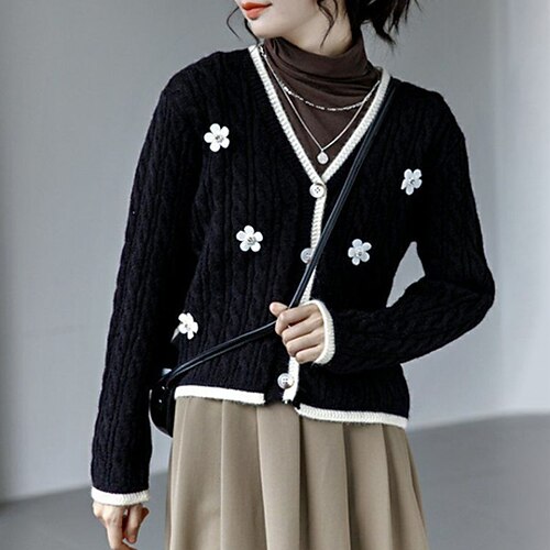 

Women's Cardigan Sweater Jumper Cable Knit Button Knitted Floral V Neck Stylish Casual Outdoor Daily Winter Fall Beige Black One-Size / Long Sleeve / Regular Fit / Going out