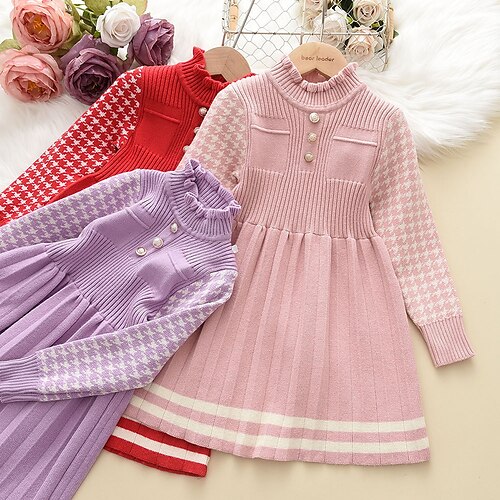 

Kids Toddler Little Girls' Dress Striped Houndstooth Sweater Jumper Dress Daily Pleated Ruffle Patchwork Purple Pink Red Above Knee Long Sleeve Cute Sweet Dresses Fall Winter Slim 1pcs 3-10 Years