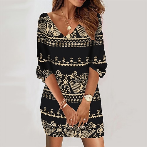 

Women's Casual Dress Bodycon Sheath Dress Mini Dress Yellow 3/4 Length Sleeve Floral Print Fall Spring Autumn V Neck Loose Fit 2022 S M L XL XXL 3XL