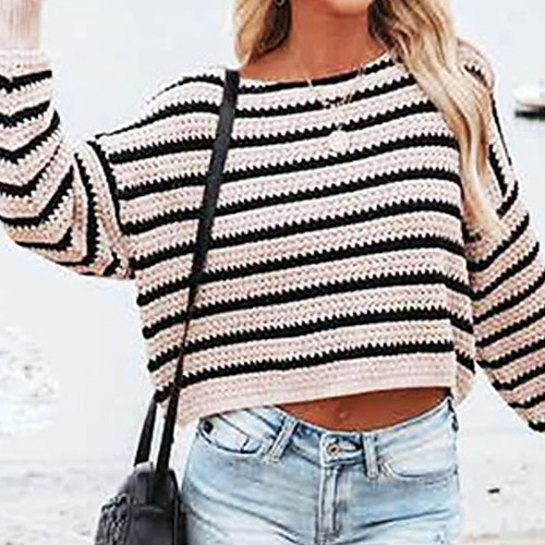 

Women's Pullover Sweater Jumper Cable Knit Knitted Striped Crew Neck Casual Soft Home Daily Fall Winter Black One-Size / Long Sleeve