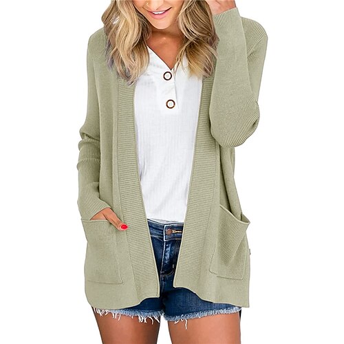 

Women's Cardigan Sweater Jumper Ribbed Knit Pocket Knitted Pure Color Open Front Stylish Casual Outdoor Daily Winter Fall Light Green Beige S M L / Long Sleeve / Holiday / Regular Fit / Going out