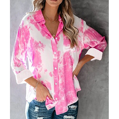 

Mulheres Camisa Social Rosa Azul Verde Tintura Tie Dye Cores Gradiente Patchwork Manga Longa Diário Casual Colarinho de Camisa Longo Algodão S