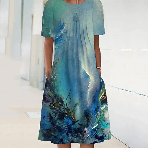 

Women's Casual Dress Shift Dress Knee Length Dress Blue Short Sleeve Color Gradient Pocket Print Spring Summer Crew Neck Casual Vacation 2022 S M L XL XXL 3XL