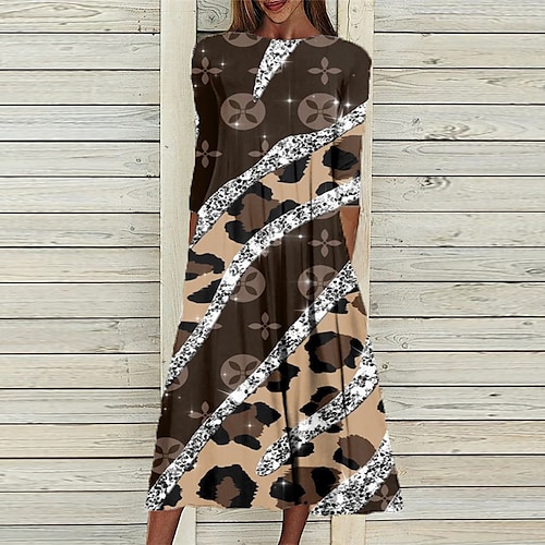 

Women's Casual Dress Shift Dress Midi Dress Gray Yellow Khaki 3/4 Length Sleeve Geometric Leopard Ruched Print Fall Winter Round Neck Casual Vacation 2022 S M L XL XXL 3XL