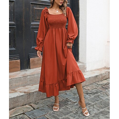 

Women's Chiffon Dress Swing Dress Midi Dress Green Black Blue Wine Orange Long Sleeve Pure Color Patchwork Puff Sleeve Fall Winter Square Neck Stylish Fashion Modern 2022 S M L XL / Casual Dress