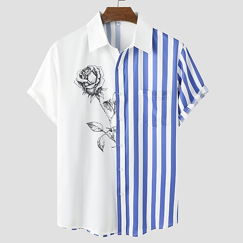 

Men's Shirt 3D Print Floral Striped Turndown Street Casual Button-Down Print Short Sleeves Tops Designer Casual Fashion Breathable Blue / Summer