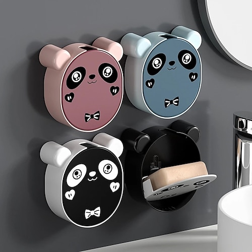 

Cartoon Cute Pandas Wall-mounted Soap Box with Lid Punch-free Double-layer Drain Soap Organizer Rack Shelf Bathroom Accessories