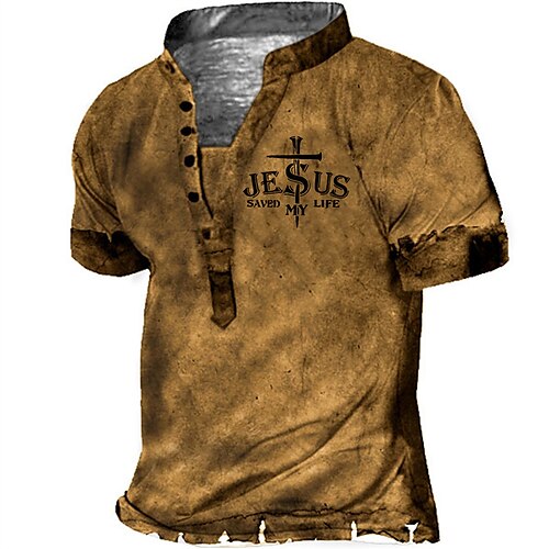 

Men's Henley Shirt T shirt Tee Tee Graphic Letter Templar Cross Stand Collar Brown 3D Print Plus Size Outdoor Daily Short Sleeve Button-Down Print Clothing Apparel Basic Designer Casual Big and Tall