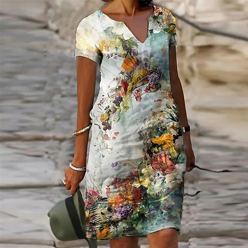 

Vestido recto corto para mujer, minivestido marrón de manga corta con estampado floral de animales, primavera y verano, escote en v, moda informal boho 2022 5xl