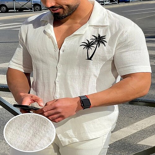 

Men's Seersucker Shirt Graphic Coconut Tree Turndown Street Daily Button-Down Print Short Sleeve Tops Lightweight Soft Breathable Comfortable White / Summer