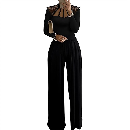 

Women's Jumpsuit High Waist Patchwork Solid Color Crew Neck Elegant Party Going out Regular Fit Long Sleeve Black S M L Fall