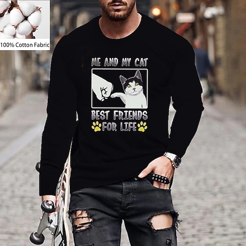 

Homens Camiseta camisa legal Camisa de manga longa Gato Letra Gola Redonda Estampado Normal Ao ar livre Rua Manga Longa Imprimir Roupa Algodão Esportes Designer Simples Casual