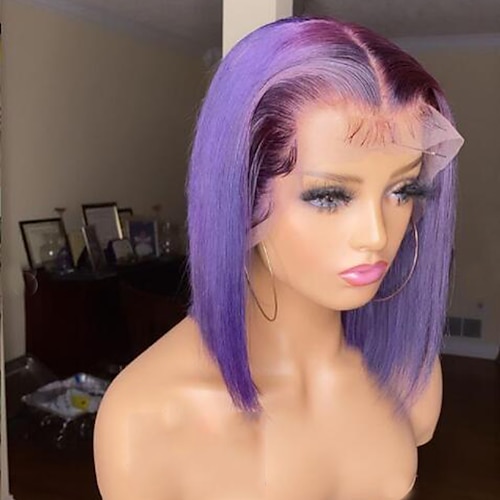 

Remy Human Hair 13x4 Lace Front Wig Bob Short Bob Free Part Brazilian Hair Straight Purple Wig 130% 150% Density with Baby Hair Natural Hairline 100% Virgin With Bleached Knots Pre-Plucked For Women