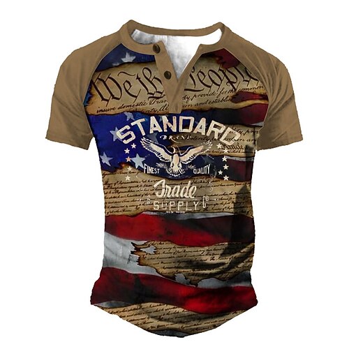 

Men's T shirt Tee Henley Shirt Tee Graphic Eagle National Flag Henley Brown Short Sleeve 3D Print Plus Size Outdoor Daily Patchwork Button-Down Tops Basic Designer Casual Classic / Summer / Summer