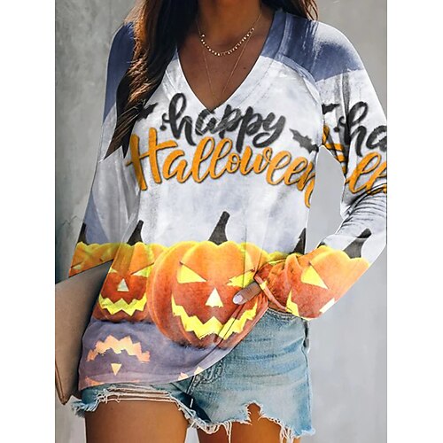 

Women's T shirt Tee Text Pumpkin Halloween Weekend Painting T shirt Tee Long Sleeve Print V Neck Basic Blue S / 3D Print