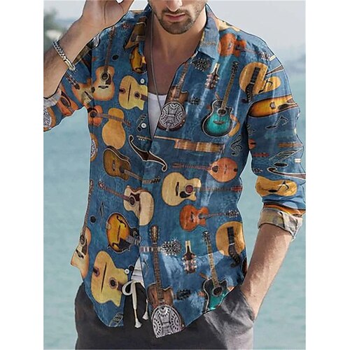 

Men's Shirt 3D Print Guitar Turndown Street Casual Button-Down Print Long Sleeve Tops Casual Fashion Breathable Blue