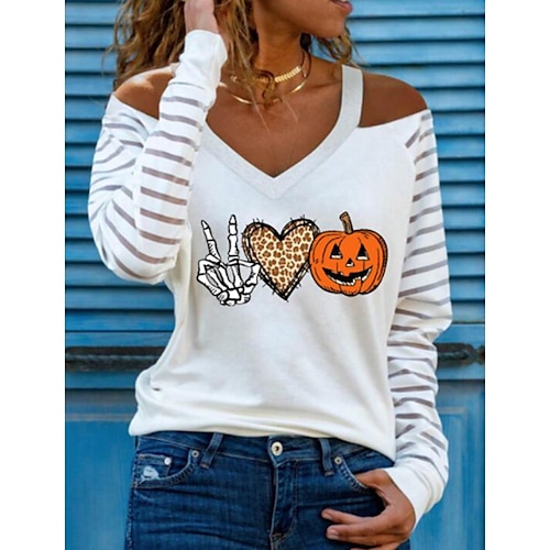 

Women's T shirt Tee Plaid Leopard Pumpkin Halloween Weekend Painting T shirt Tee Long Sleeve Cut Out Print V Neck Basic White Khaki Orange S