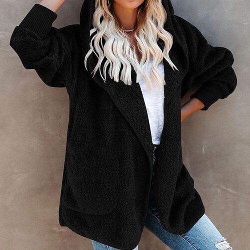 

Women's Teddy Coat Warm Comfortable Outdoor Casual Going out Weekend Pocket Cardigan Hoodie Active Simple Casual Comfortable Solid Color Regular Fit Outerwear Long Sleeve Winter Fall Black Blue Pink