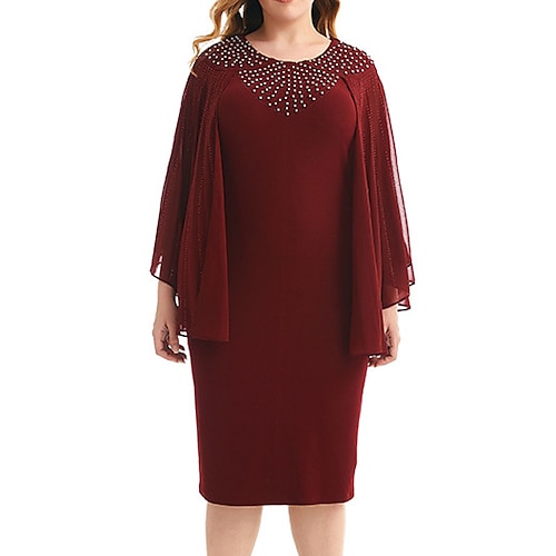 

Women's Plus Size Work Dress Solid Color Crew Neck Layered Batwing Sleeve Long Sleeve Spring Fall Work Formal Knee Length Dress Going out Work Dress