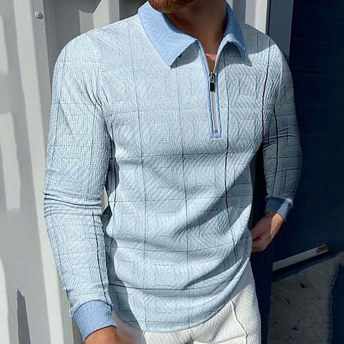 

Men's Collar Polo Shirt Golf Shirt Graphic Turndown Blue Navy Blue Gray Print Street Daily Long Sleeve Zipper Clothing Apparel Fashion Casual Comfortable / Beach