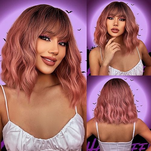 

HAIRCUBE Costume With Pink Water Wave Wig Cosplay With Bangs for Women Halloween