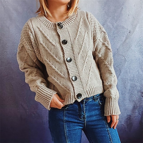 

Women's Cardigan Sweater Jumper Cable Knit Knitted Button Pure Color Crew Neck Stylish Casual Holiday Going out Fall Winter Blue Khaki S M L / Long Sleeve