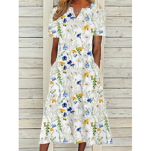 

Women's Casual Dress A Line Dress Midi Dress White Short Sleeve Floral Pocket Print Spring Summer V Neck Casual Vacation 2022 S M L XL XXL 3XL