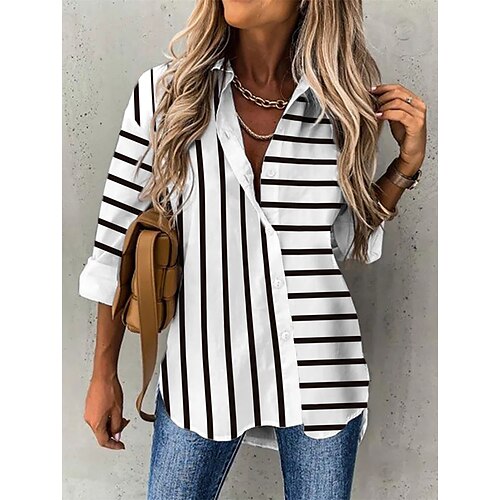 

Women's Blouse Shirt White Black Striped Long Sleeve Casual Daily Casual Shirt Collar Regular Loose Fit S / 3D Print