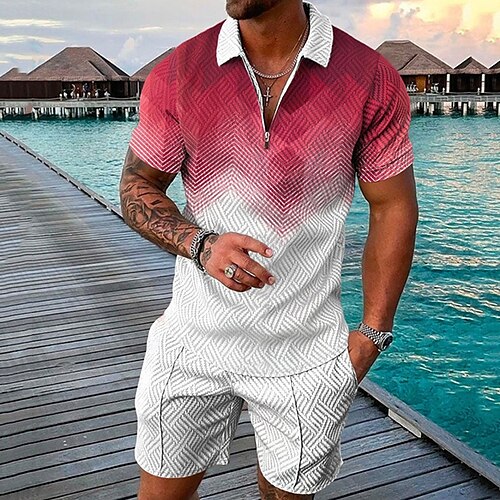 

Men's Collar Polo Shirt Golf Shirt Set Graphic Color Block Turndown Red 3D Print Outdoor Street Short Sleeves Zipper Clothing Apparel 2pcs Fashion Designer Casual Breathable / Summer / Spring