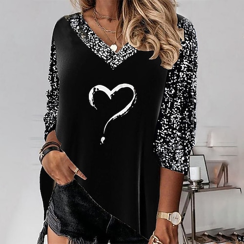 

Women's Plus Size Tops T shirt Tee Heart Print Long Sleeve V Neck Streetwear Daily Vacation Polyester Fall Winter Black