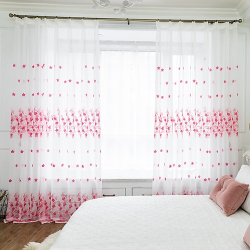

Two Panel Korean Pastoral Style Red Embroidered Gauze Curtain Living Room Bedroom Dining Room Children's Room Translucent Curtain