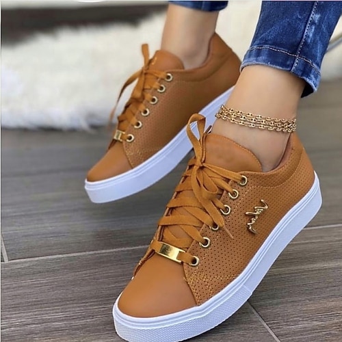 

Women's Sneakers Daily Plus Size Lace-up Flat Heel Round Toe Casual PU Leather Lace-up Solid Colored Black Brown White