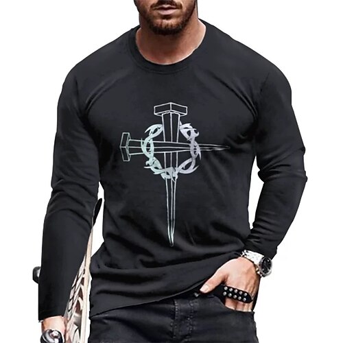 

Men's Unisex T shirt Tee 3D Print Graphic Prints Cross Crew Neck Street Daily Print Long Sleeve Tops Basic Casual Big and Tall Sports Black
