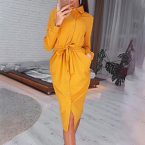 

Femme Robe chemise manche longue Hiver Automne Lacet Bouton Poche Couleur monochrome Col de Chemise Fin de semaine 2022 Violet claire Vert Jaune S M L XL 2XL