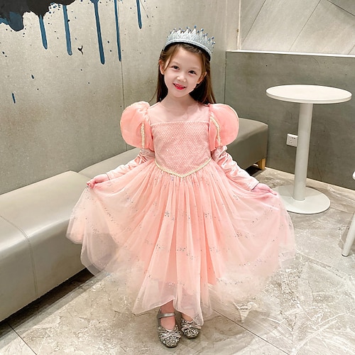 

Kids Girls' Dress Sequin A Line Dress Asymmetrical Dress Performance Cotton Long Sleeve Princess Dress 3-10 Years Winter Blue Pink