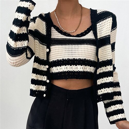 

Women's Sweater Set Jumper Crochet Knit Cropped Knitted Hole Striped U Neck Stylish Holiday Fall Spring Black Blue One-Size / Long Sleeve