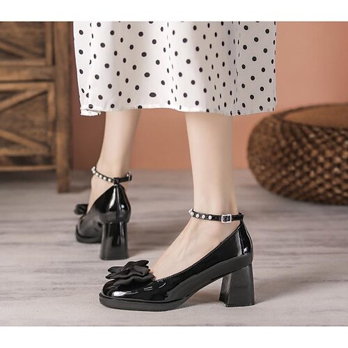 

Women's Heels Mary Jane Buckle Chunky Heel Round Toe Elegant Sweet Daily Office PU Leather Buckle Fall Summer Almond Black