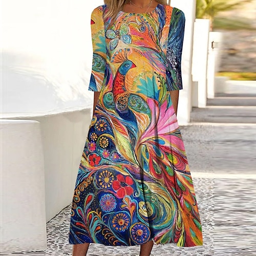 

Women's Casual Dress Shift Dress Midi Dress Rainbow 3/4 Length Sleeve Floral Ruched Winter Fall 2022 S M L XL XXL 3XL