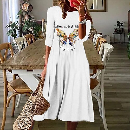 

Women's Casual Dress Shift Dress Midi Dress White 3/4 Length Sleeve Butterfly Animal Ruched Print Fall Winter Round Neck Casual Vacation 2022 S M L XL XXL 3XL